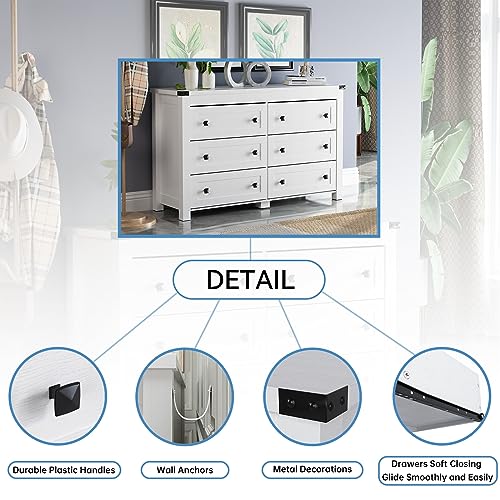 Image of HUANLEGO White Dresser for Bedroom with 6 Drawers, Modern Chest of Drawers, Wood Rustic Wide Storage Drawers Dressers Organizer for Closet, Living Room, Hallway