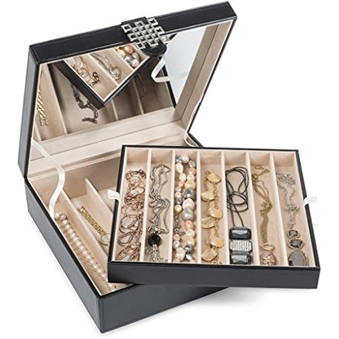 Glenor Co 12 Section Necklace Organizer - Large Mirror - 2 Trays - PU Leather - Black - Jewelry Box - Modern Buckle Closure - Fits Necklace & Bracelet - Jewelry Holder for Women Teens & Girls Cover