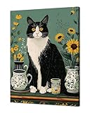 Klassische grüne Wandkunst, schwarze und weiße Katze, Blumen, Wanddekoration, Katze mit Blumenvase, Bild, gerahmt, Vintage-Leinwanddruck, abstraktes Gemälde, Poster, Raum, ästhetische Heimdekoration