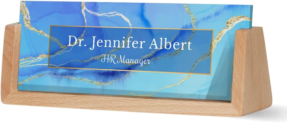 Desk Name Plate Personalized Acrylic Desk Name Plate with Wooden Base Custom Name Plate for Desk Office Decor Unique Gift (Sea)