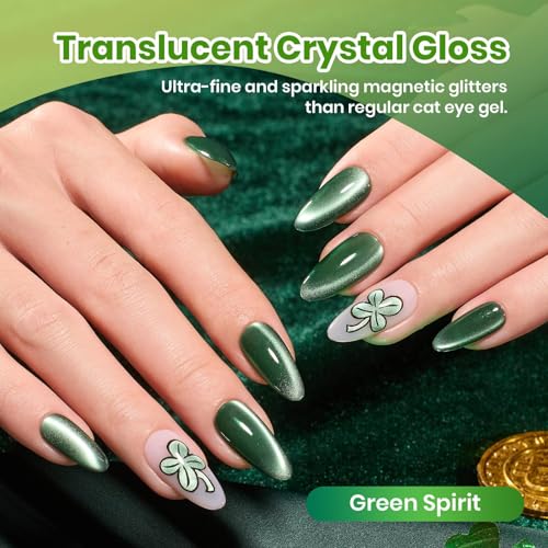 Image of Beetles Green Spirit Cat Eye Gel Nail Polish Set, 6 Colors Glitter Green | Lime Emerald Olive Glitter Gel Polish Kit Magnetic Shine Soak Off UV Manicure Gift for Women