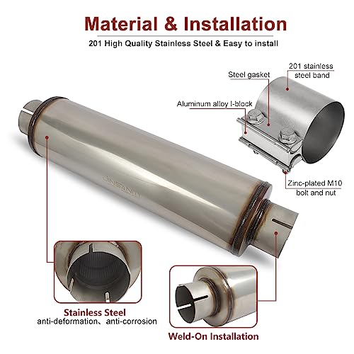 4" Inlet Diesel Exhaust Muffler 7" X 24" Body 30" Whole Length Stainless Steel Welded On Resonator Muffler With 4.0 Inch Exhaust Clamp - Stainless Steel Butt Joint Band Clamp Sleeve Coupler (2Pcs) #TOP3