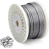 DOEWORKS Wire Rope Stainless Steel Vinyl Coated Aircraft Cable 1/8' Thru 3/16', 100 Ft 7x7 Strands Construction with 50Pcs Aluminum Sleeves,for Decking Railings String Lights,Outdoor,Garden or Crafts