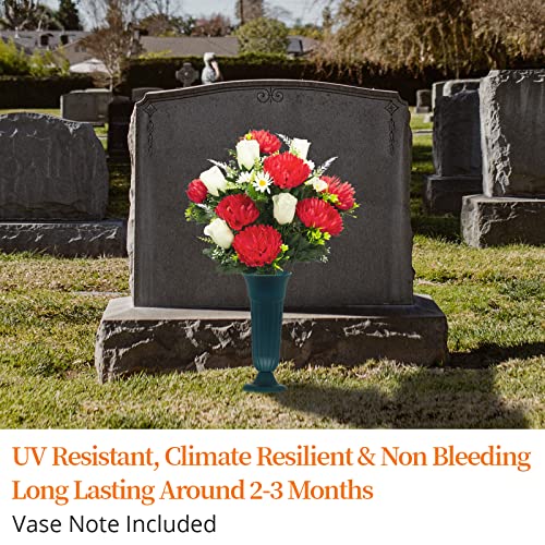 Loywree Artificial Cemetery Flowers Big Bouquet Outdoor Grave Flowers With Red Mum And Rose For Decoration - Realistic Vibrant, Lasting & Non-Bleed Colors #TOP4