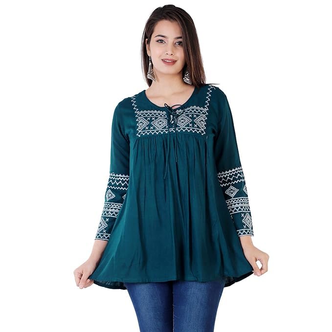 Image of Avayayat Women's Rayon Classic Heavy Embroidery Top with Beautifull Tassels at Front and on Both Sleeves Regular Fit Office Wear Festival Tunic Jeans Summer