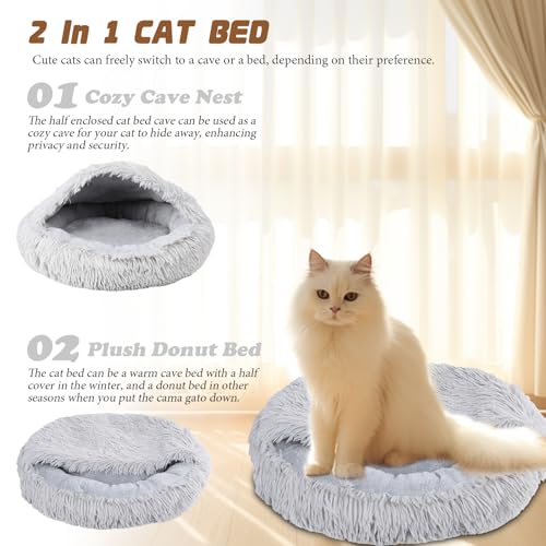 Bdor Cat Beds & Dog Bed with Cover Cave, 20in Round Beds for Medium Small Pets, Self Warming Soft Plush Donut Calming Pet Bed for Indoor Cats Dogs Puppy Kitten, Washable Bed with Non-Slip Bottom - Image 4