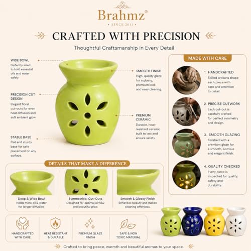 Image of BRAHMZ Ceramic Oil Burner Set of 4 with 4 Tealight Candles | Essential Oil Burner & Aroma Oil Diffuser for Aromatherapy, Home Fragrance, Meditation, Spa, Home Decor & Gifting