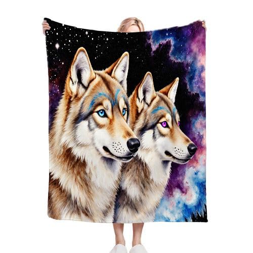 Narzuta z dwoma wilkami, odporny na blaknięcie, dekoracyjny koc, na łóżko, ciepły i lekki, pluszowy koc na każdą porę roku, 220 x 240 cm