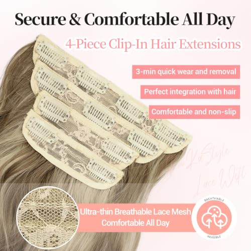 Image of Wavy Thick Clip in Hair Extensions 20 inch Dark Ash Blonde Balayage | Natural Volume & Seamless, 4 Pieces Clip in Extensions,Fiber Double Weft Hairpieces,Wave Long Synthetic Hairpiece for Women