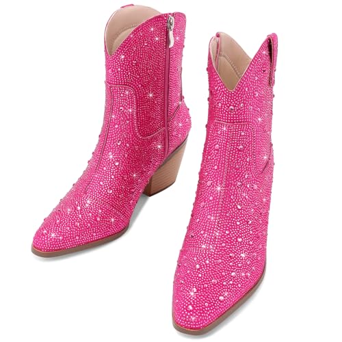 Image of Cowgirl Ankle Boots Cowboy Boots for Women Western Booties Rhinestone Chunky Heel Fashion Comfortable Side Zipper