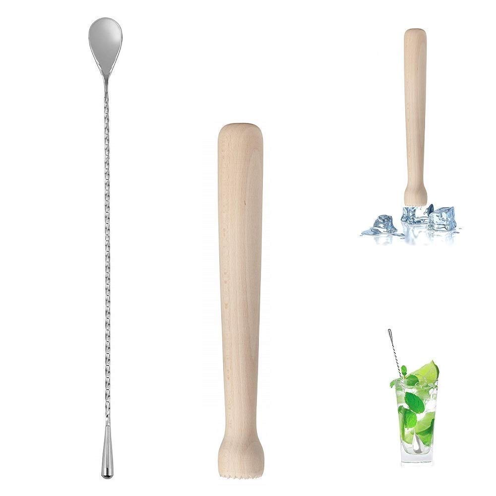 Rudra Exports Wooden Cocktail Bar Muddler 10", Drink Muddler & Mixing Spoon 12"