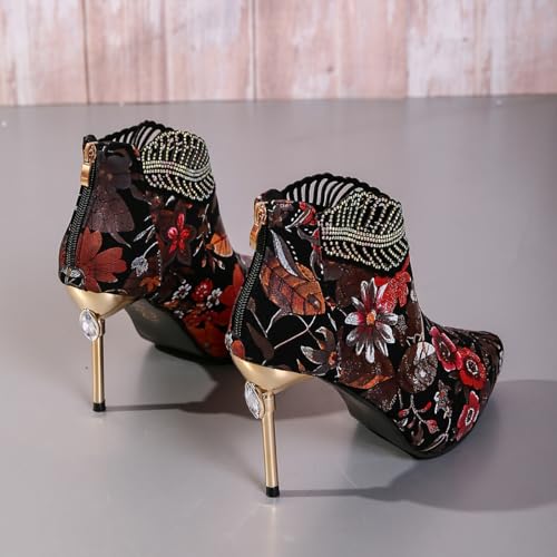 Women's Shiny Rhinestone Ankle Boots Elegant Kitten High Heels Flower Embroidery Pointed Toe Short Boots Night Club Party Shoes3