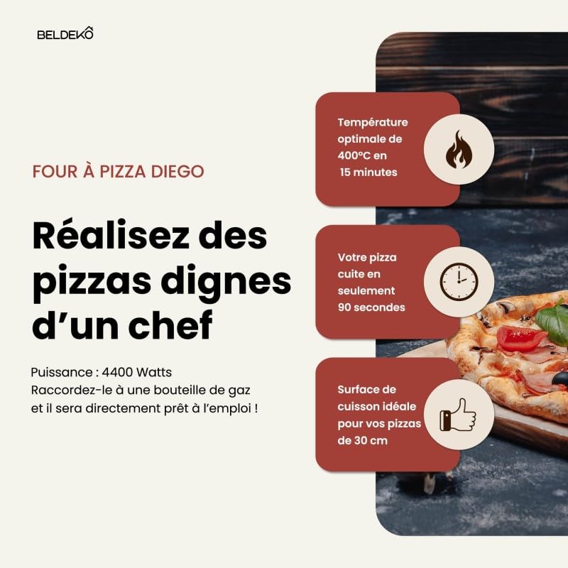 BELDEKO Four à Pizza Gaz DIEGO Pierre Tournante 400°C - Marque Française