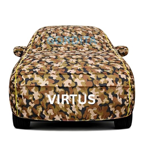 Image of Waterproof Car Body Cover for Virtus All Weather Protection Comes with Inner Cotton Lining & Triple Stitched with Mirror & Antenna Pocket Belt & Elastic Fit Army with Yellow Piping2