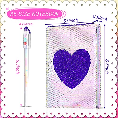Image of Outus 4 Pcs Sequin Girls Journal Valentines Journal Gift with Color Gel Ink Pens Glitter Notebook Flip Writing Diary for Kids Girl Writing Drawing Travel Gifts(Purple Pink,Heart)