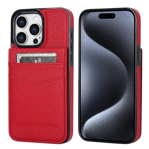 KIHUWEY Compatible with iPhone 15 Pro Max Case Wallet with Credit Card Holder, Flip Premium Leather Magnetic Clasp Kickstand Heavy Duty Protective Cover for iPhone 15 Pro Max 6.7 Inch (Lichee Red) by KIHUWEY - Used condition - Image 3