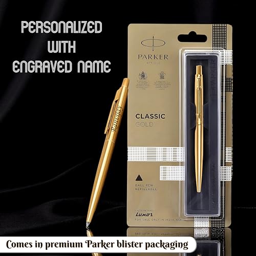 Image of SAVRI Personalized Parker Classic Gold Trim Ball Pen | Name Engraved Pen | Smooth Blue Ink Writing | Premium Executive Gift for Birthday, Office, Anniversary, Corporate & Boss Gifts
