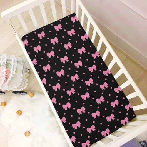 Image of Crib Sheet Breathable Soft Crib Mattress Sheet for Baby Toddler Boys Girls Fitted Pack n Play Crib Sheet Fit Standard Crib Mattress 52 x 28 Inch Hot Pink Bows Polka Dots