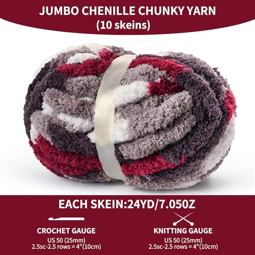 Image of 10 Pack Jumbo Chunky Yarn for Hand Knitting, Fluffy Variegated Chunky Chenille Yarn for Crocheting, 240yds /70.5oz Super Bulky Soft Crochet Baby Blanket Yarn(White-Grey-Wine Red)