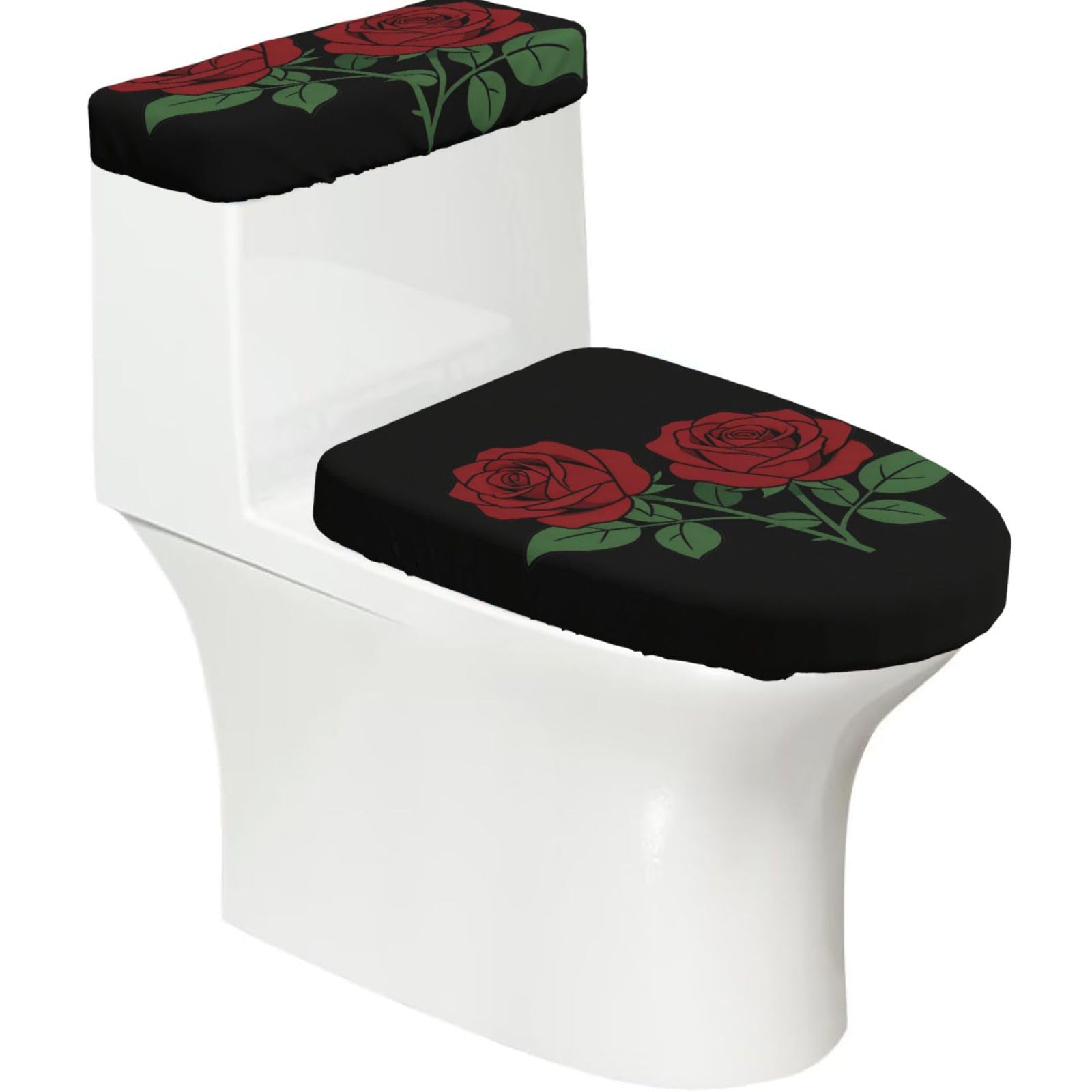 Cntdbu Black Rose Stretchy Toilet Lid And Tank Cover Set-Soft Elastic Bathroom Decor For U Shape Oval