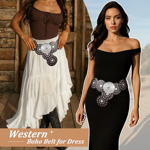 Image of WERFORU Women Wide Western Disc Belt Cowgirl Boho Leather Belt for Jeans Dress