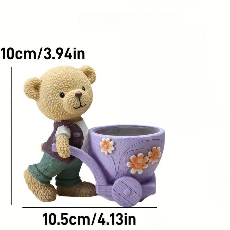 Image of Cute Bear Succulent Planter with Floral Cart - Resin Mini Pot for Desk, Home or Kids Room Decor - Decorative Animal Plant Holder | No Plants or Floral Included (Purple)