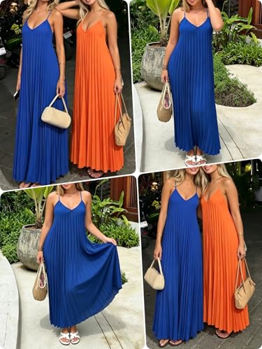 Image of Women's Summer Casual V Neck Sleeveless Strappy Pleated Flowy Loose Maxi Long Beach Dress