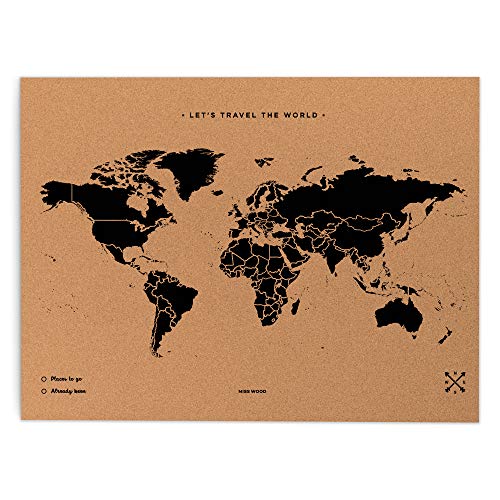 Miss Wood 8436563400087 Mapa Del Mundo de Corcho, 0.4X60X90 Cm, Negro