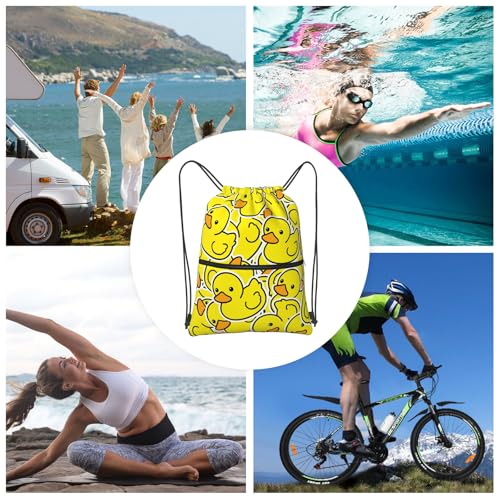 Image of Yellow Duck Drawstring Bag, Waterproof Drawstring Bckpack for Gym Sports Birthday Party Gift, Women Men Sackpack Bag with Front Zipper Pocket and Inside Zipper Pocket