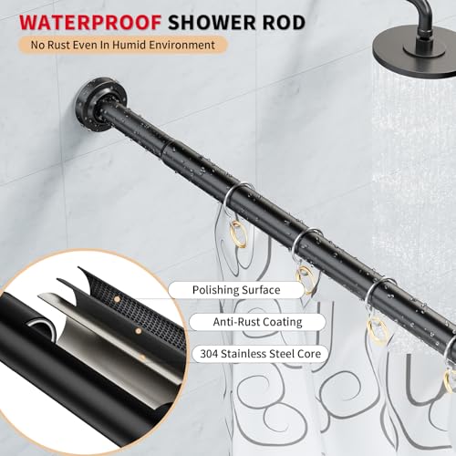 Image of Black Shower Curtain Rod 34-66 Inches Never Rust Stainless Steel Tension Curtain Rod Adjustable Shower Rod Spring Tension Non-Slip No Drilling Shower Rods for Bathroom Window