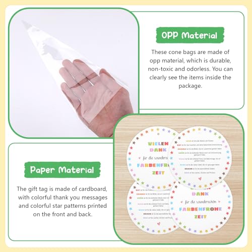 Abschiedsgeschenk Erzieherin, 40 Stück Kindergarten Abschiedsgeschenk Dank, Vielen Dank für die Farbenfrohe Zeit,mit 20 Stück Geschenkanhänger und 20 Stück Kegeltüten Geschenkverpackung