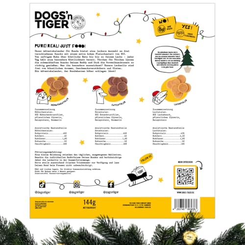 Adventskalender für Hunde von Dogs'n Tiger – Natürliche & hochwertige Snacks aus 85% Fleisch hinter jedem Türchen, ohne Zucker & Getreide für alle Hunde