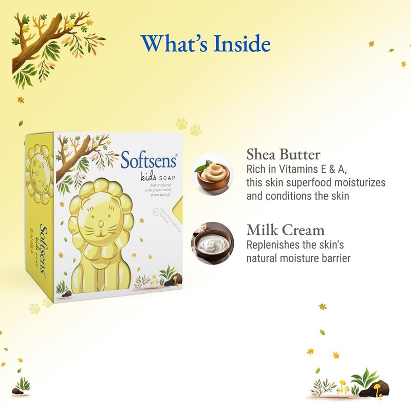 Image of Softsens Kids Soap Samba 75g each ( Pack of 4 x 75g) | Gentle Nourishing Care with Shea Butter & Natural Milk Cream, Dermatologist Tested Baby Soap, Moisturizing Animal Shape Bar Soap For Toddlers & Kids 2-10 Years