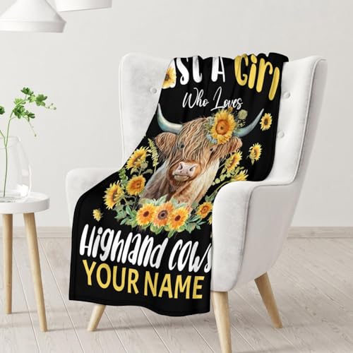 Personalized Highland Cow Blanket Gifts with Name - 60x80 Inches Cute Throw Blanket for Girls - Black Soft Fuzzy Blankets for Bed, Couch & Living Room