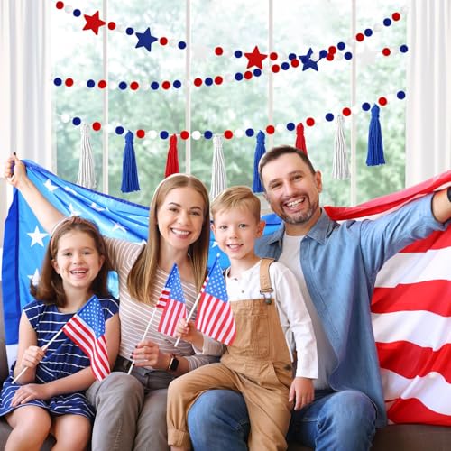 Image of Jansun 4 Pack 26.3 Ft 4th of July Patriotic Red Blue White Stars Banner | Tassel Pom Pom Red Blue White Star Garland, for Independence Day Veterans Party, Memorial Day Birthday Hanging Decorations