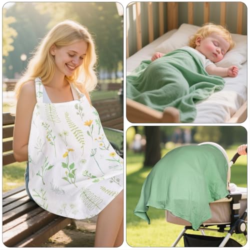 2 Pack Nursing Covers Muslin Nursing Cover Privacy Breastfeeding Cover for Moms Soft Cotton Breathable with Arch Neckline Soft Green