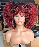 Muswanna Short Curly Afro Wig with Bangs Kinky Curly Hair Wig for Black Women Synthetic Full Wigs(Ombre Red)