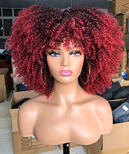Muswanna Short Curly Afro Wig with Bangs Kinky Curly Hair Wig for Black Women Synthetic Full Wigs(Ombre Red)