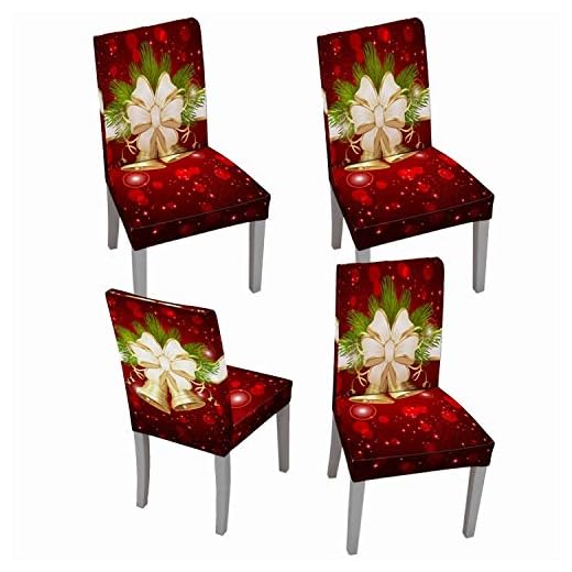 Muuyi Christmas Chair Covers Stretch Chairs Slipcovers, Washable Protector Cover Seat Slipcover for Dining Room Ceremony Hotel, ChrismasBell - 4Pack