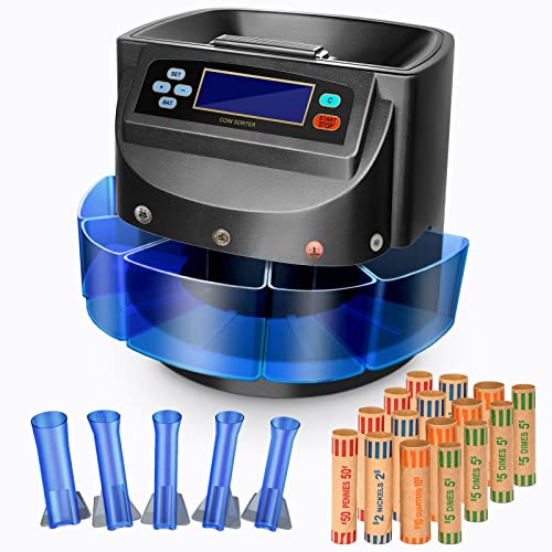 SOKO Coin Counter Machine/Coin Sorter, Professional Change Counter Machine Eletric USD Coin 1¢,5¢,10¢,25¢,Dollar Roller Machine Wrapper Machine with 4 Set Coin Wrapper, 5 Coin Drawer, 5 Coin Tubes