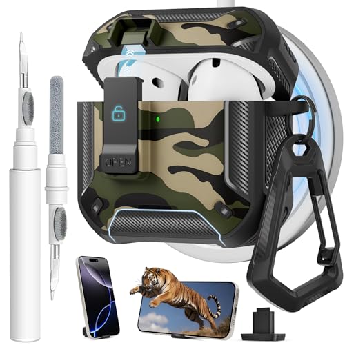 Image of for AirPods 4 Case with Magnetic Secure Lock Clip and Phone Stand, Compatible with Magsafe Charging, with Carabiner&Cleaner kit for Apple iPod 4th Generation Cover(2024) Men Women (Camouflage Green)