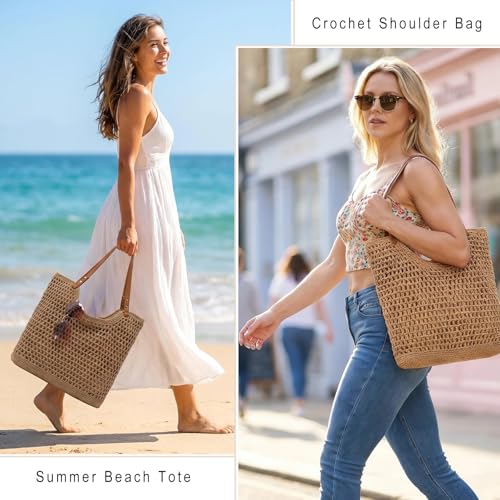 Image of Bycobecy Woven Tote Bag for Women, Summer Beach Bag Large Crochet Shoulder Purse Handbag Boho Knit Bag for Summer Travel
