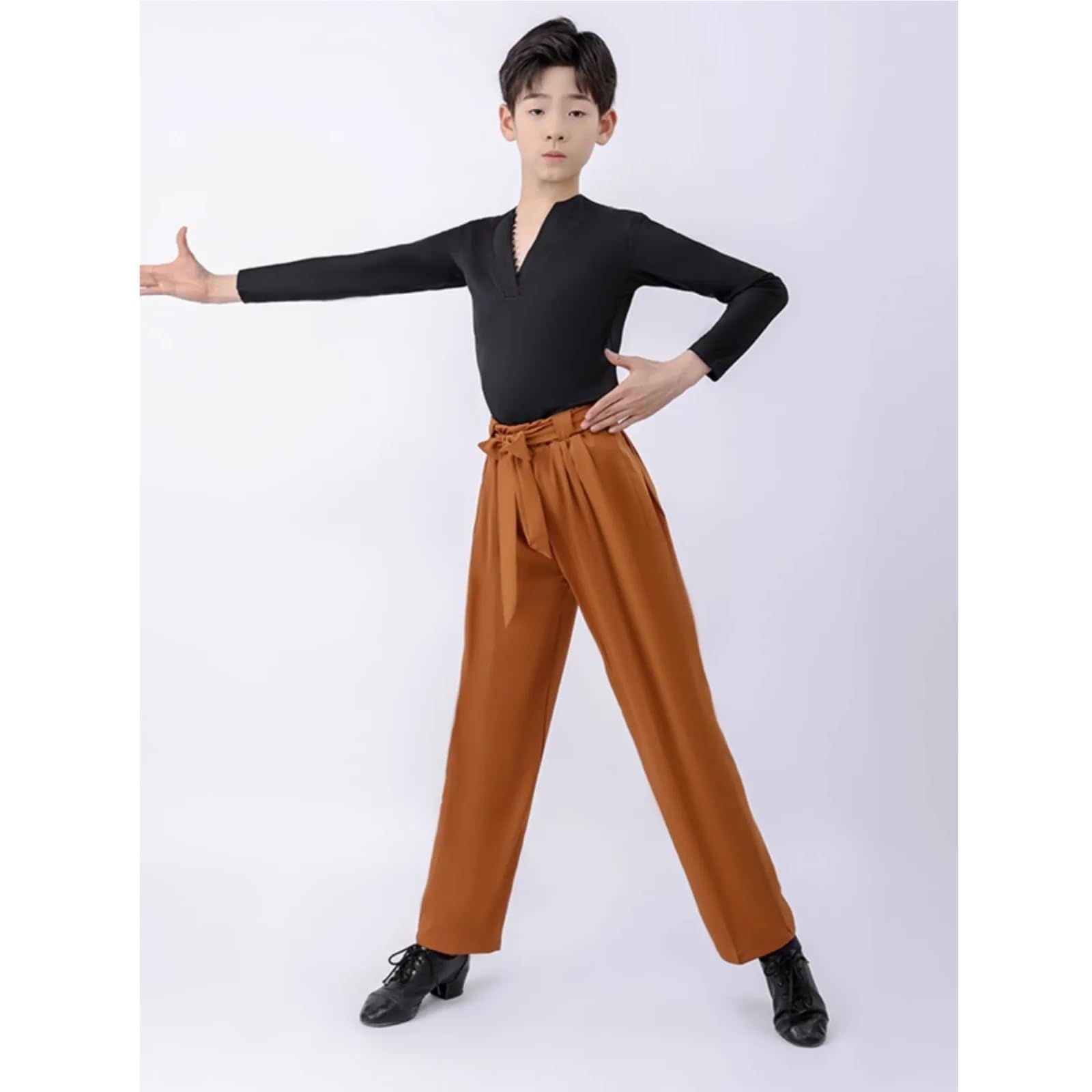 Latein Tanzhosen for Herren Khaki Farbe Junge Latein Tanzen Hose Gerade Barrel Kinder Rumba/Cha Cha/Samba Dancewear Racing Schnürhose(Black,150CM)
