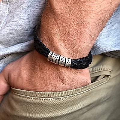 Personalized Braided Leather Bracelet with Silver or Gold Beads for Him, Men - Custom Gift for Father's Day - Genuine Leather - Engraved Sterling Silver or 14K Solid Gold Beads - By MYKA3
