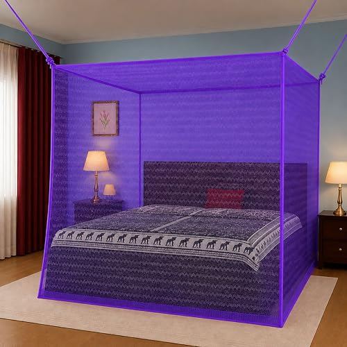 Image of Mosquito Net for King Size Bed & Double Bed (6x7 ft, Wall /Hook Hanging) Poly-Cotton Blend Fabric with Zigzag Wave Line Pattern, Pre-Fitted Bottom & Cotton Ribbon (Frame Not Included-Royal Violet)