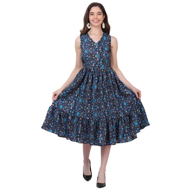 Image of Women's Crepe A-Line Knee Length Dress | Western Sleeveless Dress for Girls | Flared Frock | Frill Midi | Knee Gown