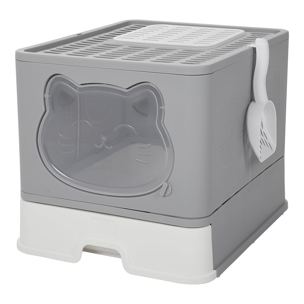 Large Cat Litter Box Covered with Scoop, Enclosed Foldable Cat Litter Tray, Top Exit Front Entry Box with Lid & Non-Slip Stickers, Slide-Out Tray,41 * 51 * 38.5cm