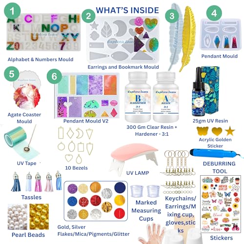 Image of Exploralearn 195 Pcs Ultimate UV Resin Art Kit with 300g Epoxy Resin, 50gm UV Resin - DIY Alphabet, Bezels, Jewelry, Keychains, Coasters & Bookmarks - Includes UV Lamp, Tape, Deburring Tool, Pendants, Golden Acrulics, Stickers and more
