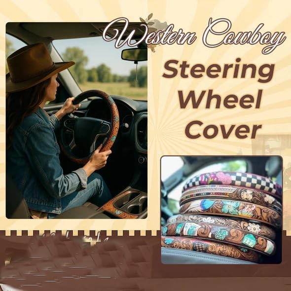 Western Steering Wheel Cover,Retro Western Cowboy Car Universal Steering Wheel Cover,Embossed Hand-Painted Leather Western Car Accessories, for Women Man, Anti-Slip Design Easy to Install (A)
