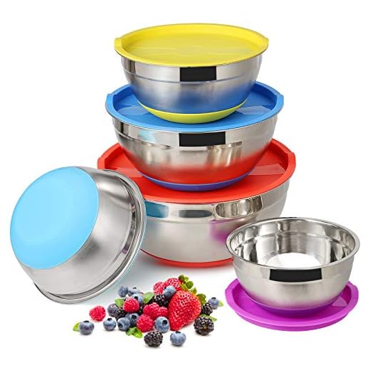 Mixing Bowls Set of 5, Stainless Steel Mixing Bowls with Airtight Lids Metal Serving Bowls Mixing Salad Bowls with Clear Measurement Marks & Colorful Non-Slip Base Great for Mixing Storing Preparing